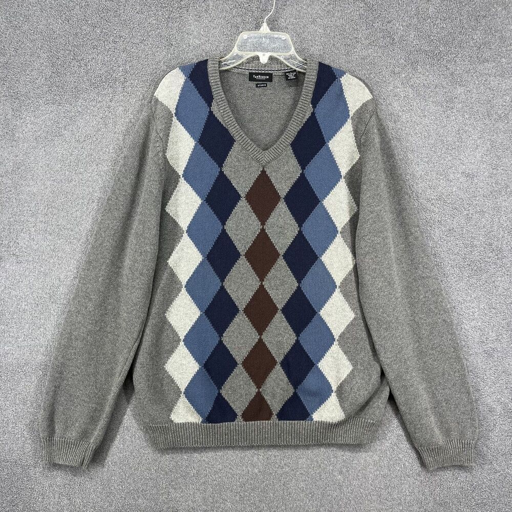 Van Heusen Sweater Mens Large Gray Argyle‎ Preppy Pullover Cotton Classic Knit